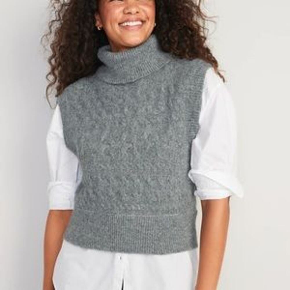 Old Navy Womens Sweater Sz M Gray‎ Cropped Cableknit Turtleneck Sleeveless NEW